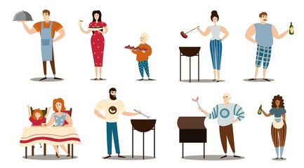 Obraz premium Set of people cooking and serving barbecue meat vector illustration