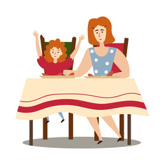 Mother and daughter sitting and eating barbeque vector illustration