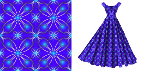 Evening dress made of fabric with a bright pattern on the mock up