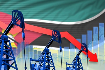 lowering, falling graph on Mozambique flag background - industrial illustration of Mozambique oil industry or market concept. 3D Illustration