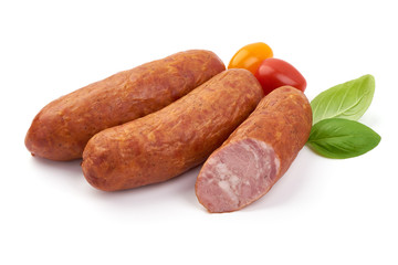 German dried sausages. Hard cured sausage, isolated on white background