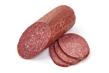 Smoked pork Sausage, dried pork salami, isolated on white background