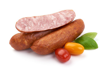 German dried sausages. Hard cured sausage, isolated on white background