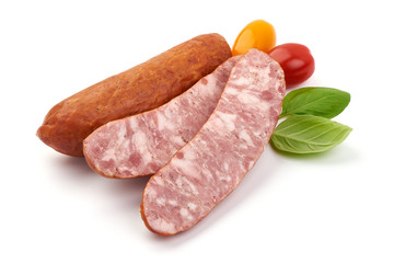 German dried sausages. Hard cured sausage, isolated on white background