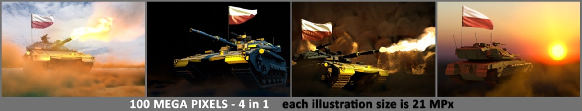 4 images of highly detailed tank with not real design and with Poland flag - Poland army concept with place for your content, military 3D Illustration