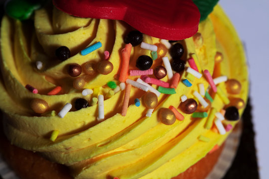 Homemade birthday party cupcakes with colorful polka dots, close-up cupcake. - Powered by Adobe