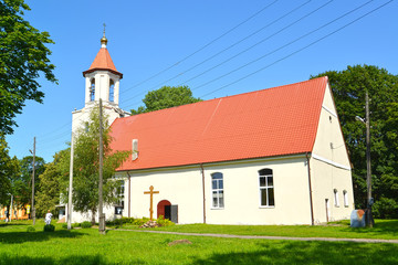 Fototapeta na wymiar A view of the temple of Saints of Equal Apostle Cyril and Methodius. Village of Bolshakovo, Kaliningrad region