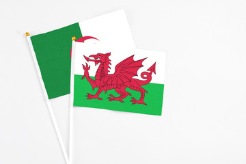 Wales and Algeria stick flags on white background. High quality fabric, miniature national flag. Peaceful global concept.White floor for copy space.