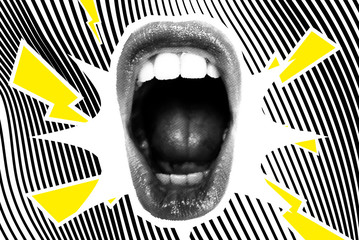 Open Screaming Mouth On A Striped Background - obrazy, fototapety, plakaty