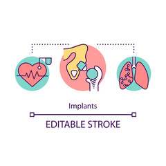 Implants concept icon. Medical prosthetic device. Artificial joint, heart, lung. Surgery. Biomedical engineering idea thin line illustration. Vector isolated outline drawing. Editable stroke