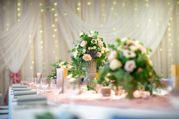 wedding table with flowers and decorations, wedding centerpiece or event reception 
