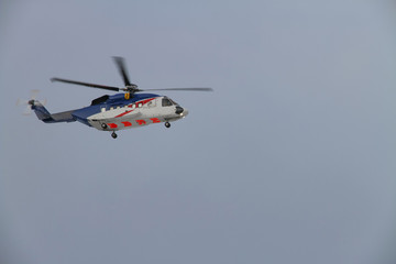 Offshore Helicopter in flight at Br&oslash;nn&oslash;ysund airport