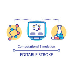 Computational simulation concept icon. Computer modeling. Visualization of molecular research results. Biotechnology idea thin line illustration. Vector isolated outline drawing. Editable stroke