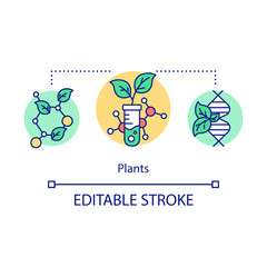 Plants concept icon. Artificial selection of signs. Breeding new varieties. Genetic engineering. Biotechnology idea thin line illustration. Vector isolated outline drawing. Editable stroke