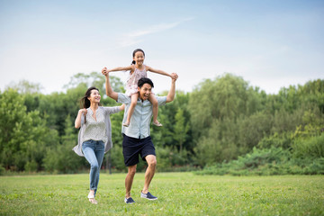 Happy young Chinese family playing on grass