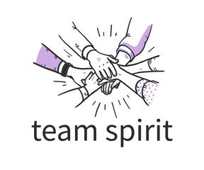 Team spirit concept with human hands holding together isolatex on white background. Team work, partnership, team building. Hand drawn sketch style. Vector illustration. 