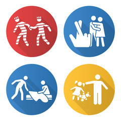 Different rape types flat design long shadow glyph icons set. Prison, statutory, children, spousal rape. Sexual harassment of child, woman. Victims of sexual assault. Vector silhouette illustration