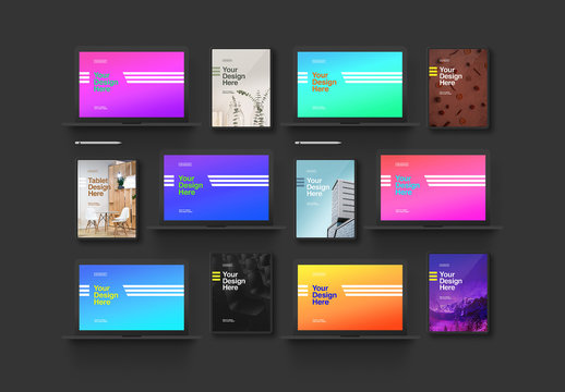 Laptop and Tablet Grid Mockup with Black Background