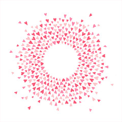 Round heart splash, splatter, spatter frame. Circle, ring shape made of tiny hand drawn cute confetti hearts. Valentines day, wedding, marriage radial template, design element. Greetings background.