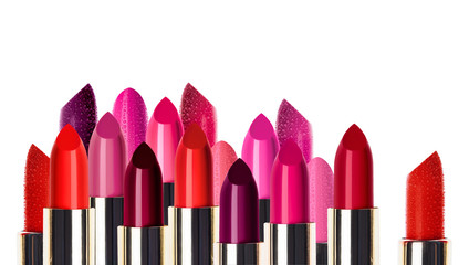 Collection of lipsticks in vivid fashion colors isolated on white