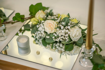 wedding table with flowers and decorations, wedding centerpiece or event reception 
