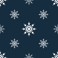 Fototapeta na wymiar Seamless pattern with white snowflakes on a dark blue background. Snowflakes of different size and density. Vector illustration