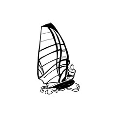 Windsurfing and windsurfer on waves, Hand drawn sketch,