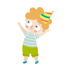 The cute happy smiling boy in green shorts with party cap. Vector illustration in flat cartoon style.