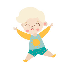 The cute happy jumping boy in blue shorts. Vector illustration in flat cartoon style.