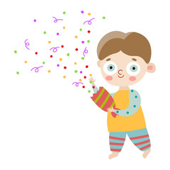 The cute happy smiling boy in striped pants with party cracker. Vector illustration in flat cartoon style.