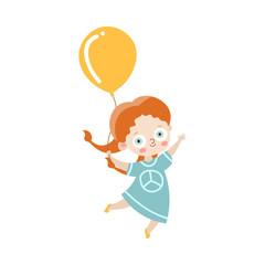 Cute happy red-haired girl holding the balloon in a blue dress with a peace symbol. Vector illustration in flat cartoon style.
