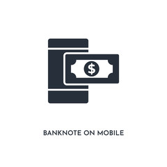 banknote on mobile icon. simple element illustration. isolated trendy filled banknote on mobile icon on white background. can be used for web, mobile, ui.