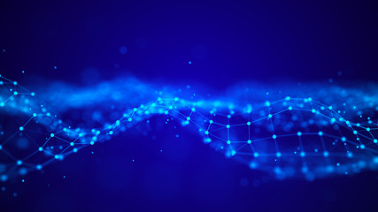 Wave of particles. Futuristic blue dots background with a dynamic wave. Big data. 3d rendering.