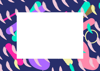 Multicolored web banner, card, label. Blank template with copy space. Tropical style, funky colors, geometric, organic shapes. Cool pattern, vibrant neon, pastel colors. Pink, blue, lilac, mint green