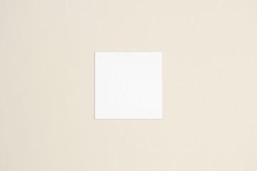 Square empty white business card template on bone coloured background. Flat lay, top view. For...