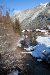 mountain river in winter Sunny day