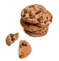 Butter Chocolate chip cookies with crumbs  isolated on white background. Sweet biscuits. Homemade pastry, closeup..