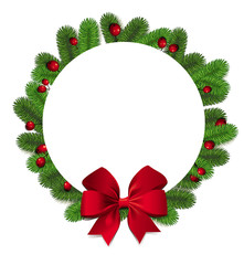 Fototapeta na wymiar Circle round shape wreath background with photorealistic green christmas tree branches and beautiful red bow and berries. Background for seasonal winter greetings.