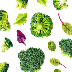 Broccoli Vegetable Pattern. Summer  abstract background. Broccoli isolated on the white background,