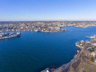 Fototapeta na wymiar Aerial view of Gloucester City and Gloucester Harbor, Cape Ann, Massachusetts, MA, USA.
