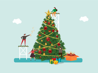 People decorate the christmas tree. Happy family or group of friends preparing for holiday celebration. Vector illustration New year. - 302313538
