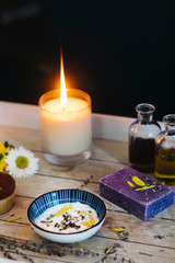 Homemade essential oils, lavender soap and cream