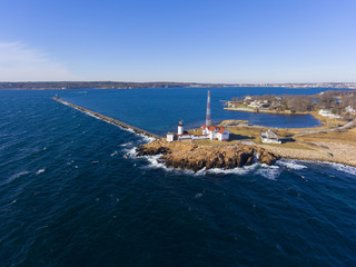 Aerial view of Eastern Point Lighthouse and Gloucester Harbor, Cape Ann, northeastern...