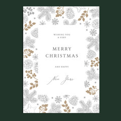 Merry Christmas, Happy New Year floral greeting card, winter nvitation. Holiday frame with fir tree branches, pine cones, snowflakes and holly berries. Vintage engraving.
