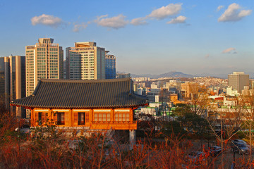 The sunset on the pagoda and the skyscrapers