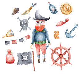 Set of watercolor illustrations about pirates and pirate attributes.