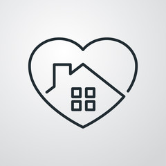 Símbolo agencia inmobiliaria. Icono plano lineal corazón con casa en fondo gris