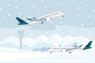 Naklejka na ściany i meble The plane takes off from the airport during a snowfall. Vector illustration 