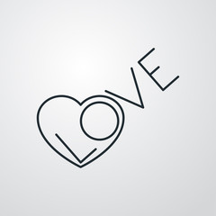 Icono lineal corazón con palabra LOVE en fondo gris