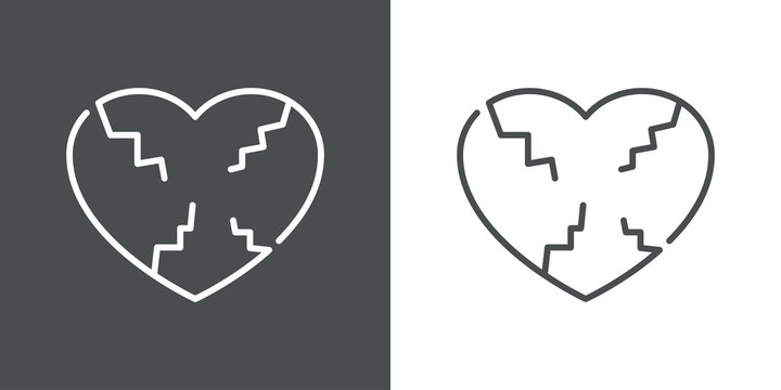 Icono lineal s&iacute;mbolo divorcio con coraz&oacute;n roto en gris y blanco